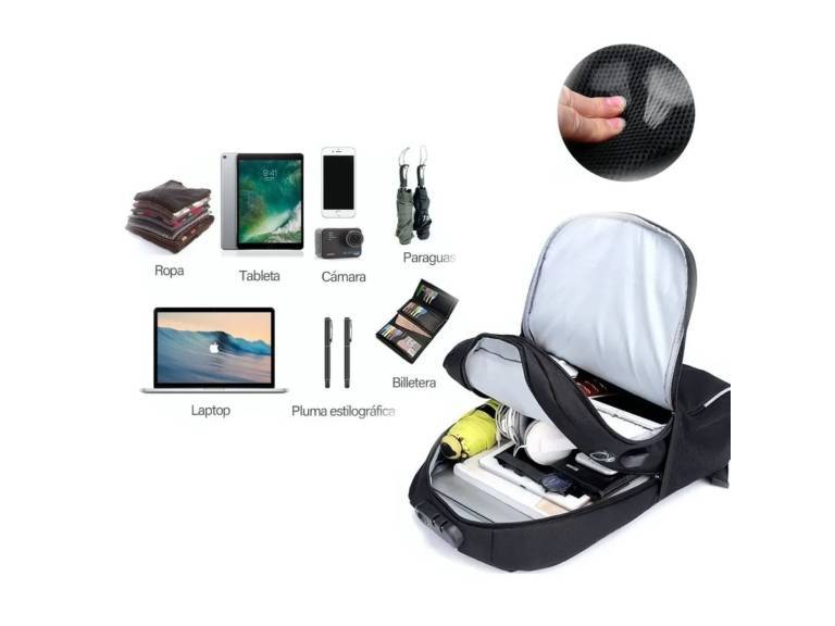 Mochila Notebook Impermeable con USB Negro 46x30x15 cm Importclick