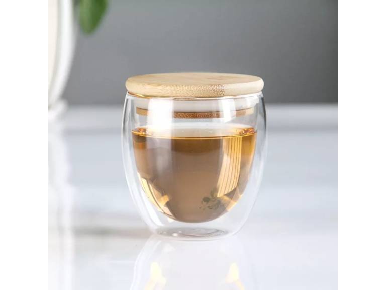 Vaso Mug Vidrio Doble Capa Con Tapa Bambú 260 ML Importclick