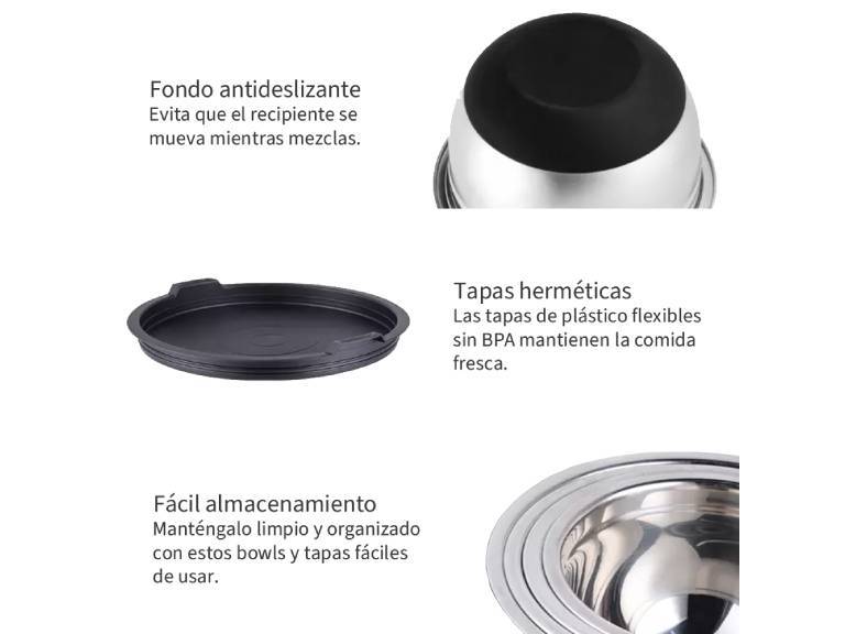 Set 3 Bowls con Tapa Acero Inoxidable Antideslizante Simplit