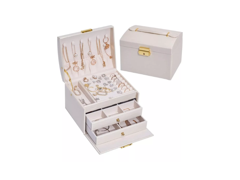 Joyero 3 Niveles Doble Cajón Eco Cuero Blanco Importclick