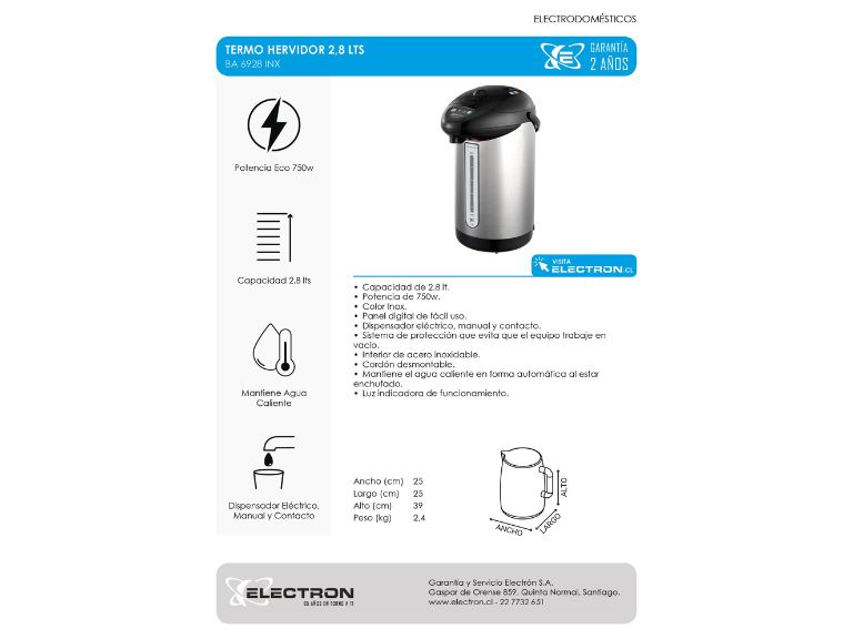 Termo hervidor 2.8 Lts Inox Electron