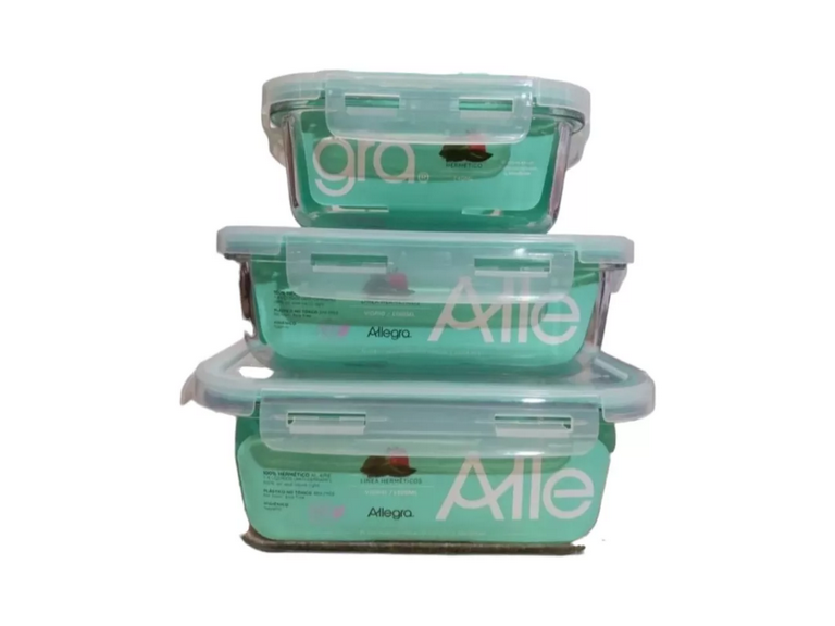 Set 3 Tupper Hermético Vidrio Alimentos 17x12x5.5 cm Celeste