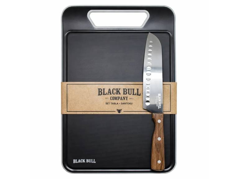 Set Tabla + Cuchillo Santoku 5 Black Bull acero Inoxidable