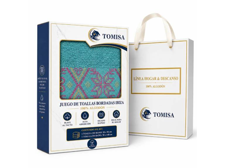 Juego de Toallas Tomisa Ibiza Bordadas 100% Algodón Celeste